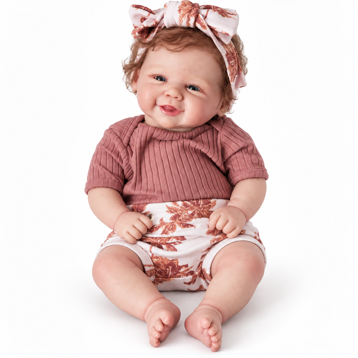 Front view of a smiling collectible doll