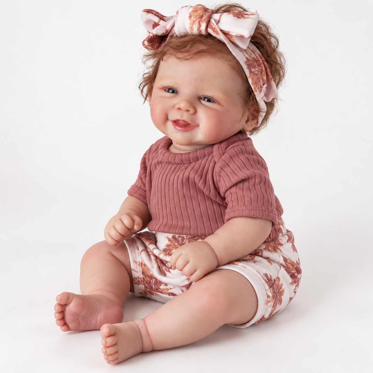 Three-quarter view of a smiling collectible doll